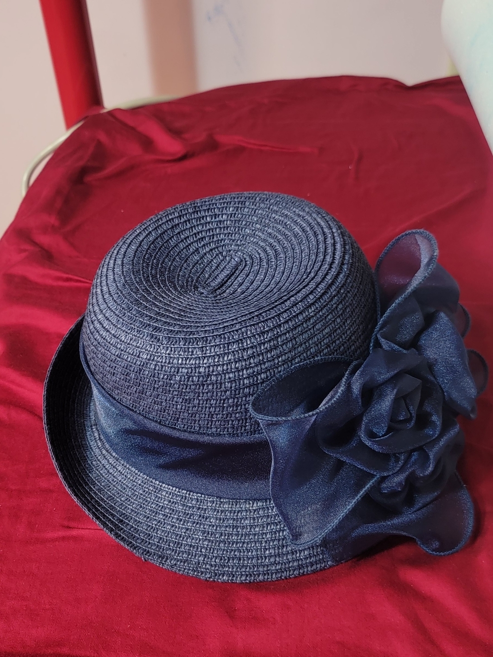 C. C. Exclusives Navy Straw Cloche Hat with Organza Flower